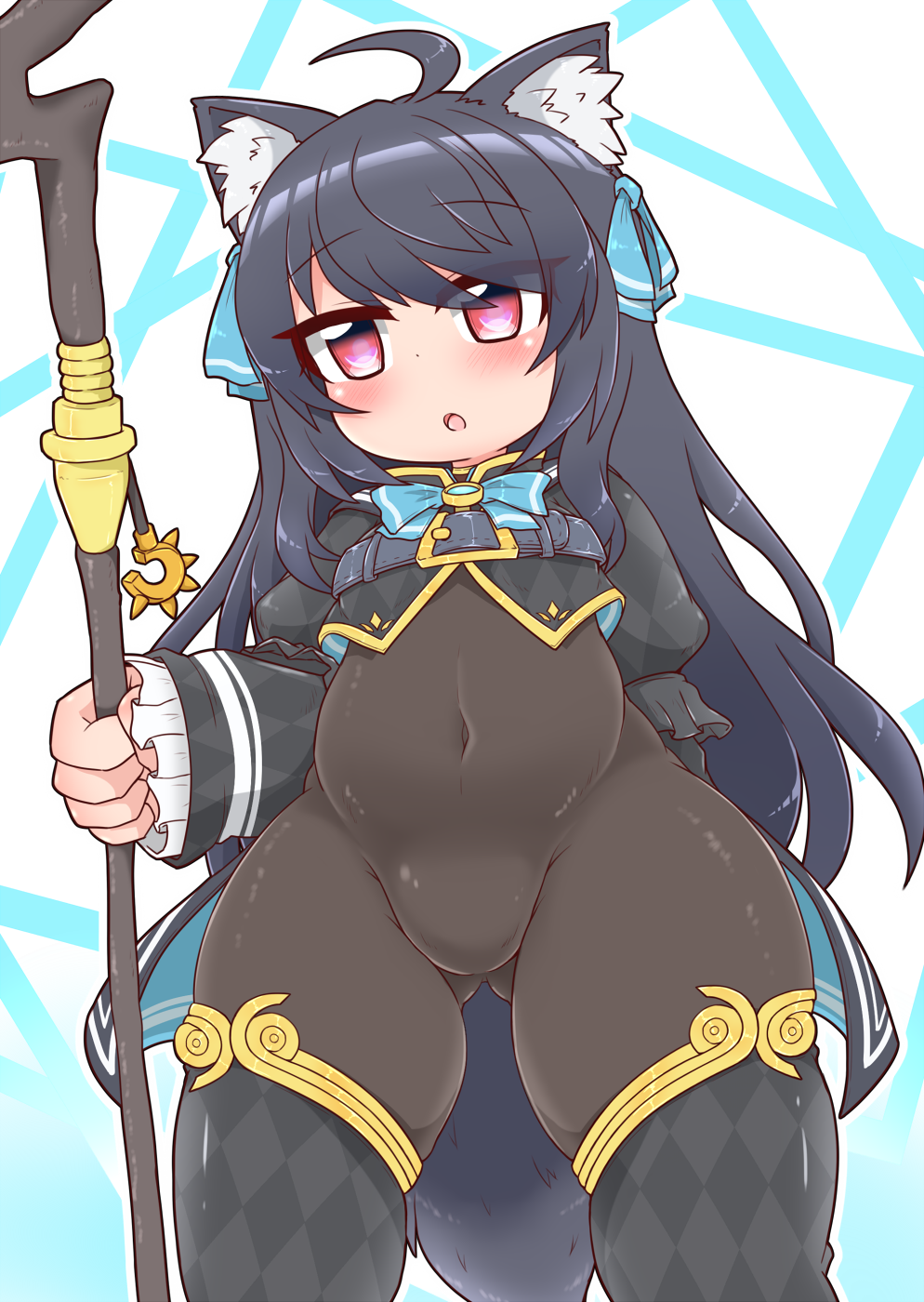 1girl ahoge animal_ear_fluff animal_ears argyle_clothes argyle_shirt argyle_thighhighs black_hair black_shrug blush bodystocking bodysuit borrowed_character brown_bodysuit cat_ears cat_girl chest_belt covered_navel detached_pants fat_mons gold_trim hair_ribbon highres impossible_bodysuit impossible_clothes long_hair long_sleeves looking_at_viewer original pantyhose red_eyes ribbon see-through_bodystocking senyou6060 shrug_(clothing) skin_tight skindentation standing svartlilja_(vrchat) tail vrchat wide_hips