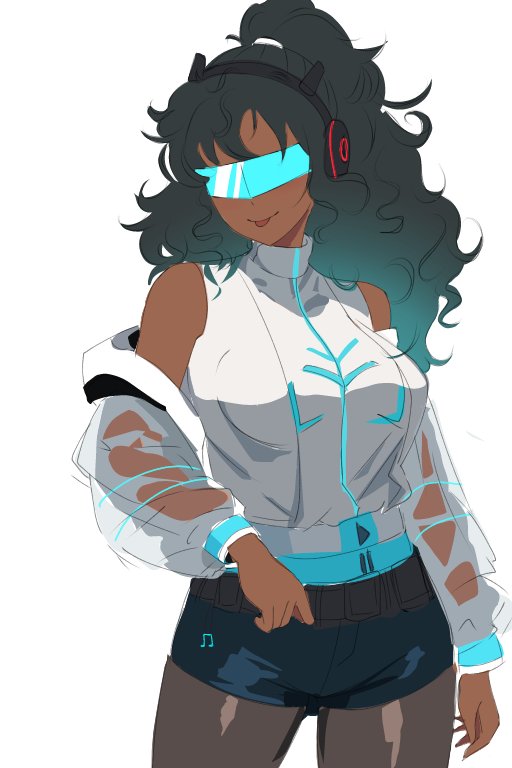 1girl belt black_belt black_hair black_pantyhose black_shorts blue_hair breasts commentary cowboy_shot dark-skinned_female dark_skin english_commentary genderswap genderswap_(mtf) gradient_hair grey_jacket grey_shirt head_tilt heads-up_display humanization jacket jazz_(transformers) long_hair looking_at_viewer medium_breasts multicolored_hair musical_note off_shoulder pantyhose ponytail shirt shorts simple_background sketch sleeveless sleeveless_shirt solo tongue tongue_out transformers unfinished user_interface very_long_hair vreamvi white_background