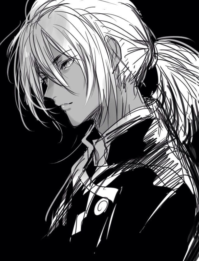 1boy black_background closed_mouth commentary_request from_side gakuran greyscale hair_between_eyes hayama_akira hazuki_tooya long_hair male_focus monochrome ponytail profile school_uniform shokugeki_no_souma sketch solo upper_body