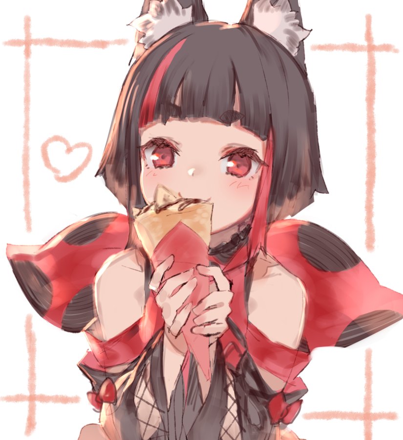 1girl animal_ear_fluff animal_ears animare bare_shoulders blunt_bangs commentary_request crepe female_focus food fox_ears heart holding holding_crepe holding_food inari_kuromu izumi_sai multicolored_hair nanashi_inc. red_eyes short_eyebrows short_hair solo streaked_hair thick_eyebrows virtual_youtuber