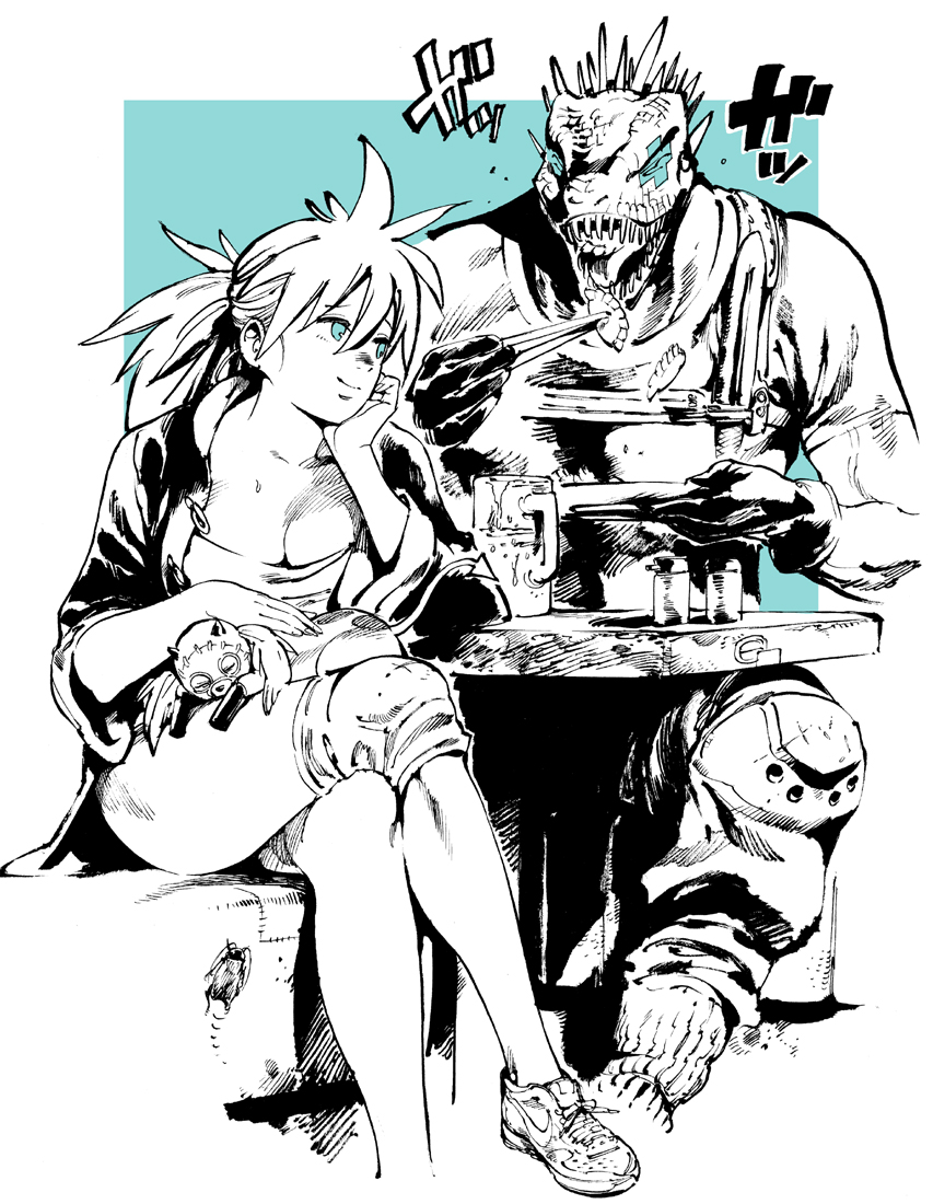 1boy 1girl 1other ahn_dongshik animal animal_head blue_background blue_cross blue_eyes breasts bug caiman_(dorohedoro) calves chest_harness chinese_clothes chopsticks cleavage closed_eyes closed_mouth clothed_animal cockroach creature crossed_legs demon_tail dorohedoro dumpling eating elbow_on_table eye_tattoo facial_mark fingernails food glass_mug gloves greyscale_with_colored_background hand_on_own_chin harness holding holding_chopsticks holding_plate insect jacket jiaozi kikurage_(dorohedoro) knee_pads large_breasts light_smile lips lizard lizardman long_hair looking_at_another mask nikaidou_(dorohedoro) nike_(company) no_socks open_clothes open_jacket open_mouth pants partially_colored patch pepper_shaker plate ponytail reptile_boy restaurant salt_shaker sharp_teeth simple_background sitting sleeping three-quarter_sleeves smile socks sound_effects spiked_hair spikes spot_color sweat table tail tank_top teeth thick_thighs thighs two-tone_background veins veiny_arms white_background