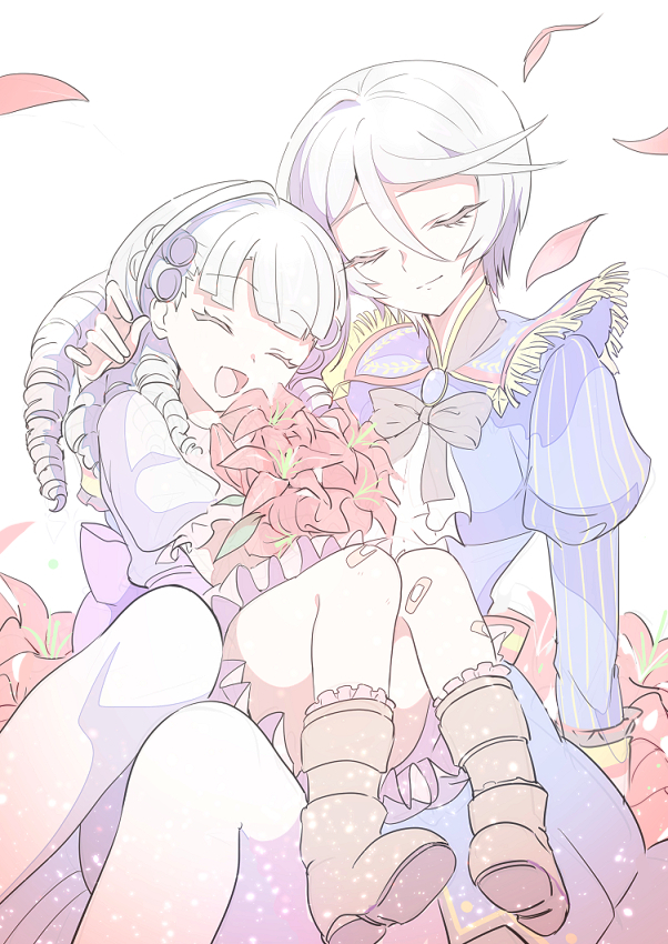 2girls bad_id bad_pixiv_id bandaid bandaid_on_leg blue_jacket blunt_bangs boots bouquet brown_footwear closed_mouth commentary_request cowboy_shot dress drill_hair flower grey_hair hair_between_eyes happy holding holding_bouquet idol_clothes jacket juliet_sleeves knees_up konbu_wakame lily_(flower) long_hair long_sleeves multiple_girls neck_ribbon open_mouth pretty_series pripara puffy_sleeves red_flower ribbon shikyoin_hibiki short_hair sitting sitting_on_lap sitting_on_person smile time_paradox