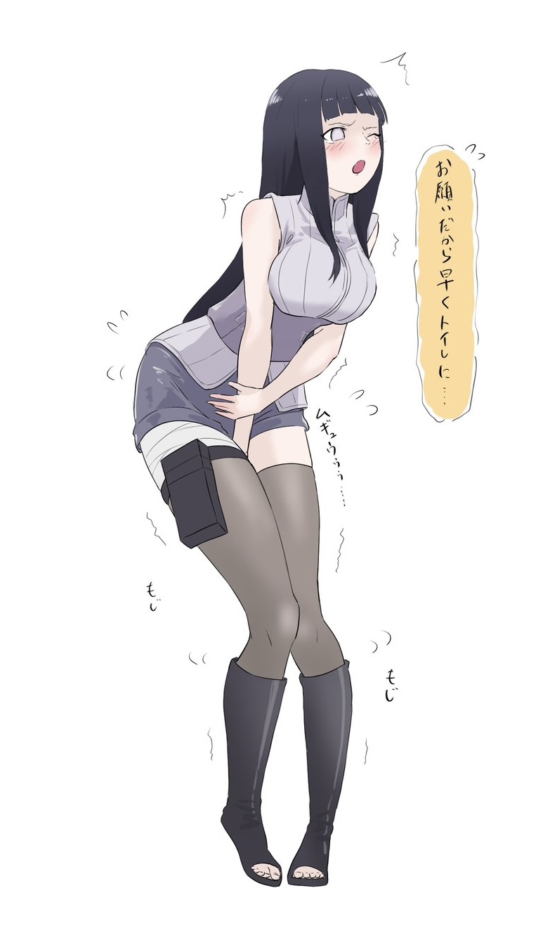 1girl artist_request bent_over between_legs black_boots black_hair blunt_bangs blush boots breasts female_focus hand_between_legs have_to_pee highres hyuuga_hinata japanese_text knees_together_feet_apart large_breasts long_hair naruto_(series) naruto_shippuuden no_pupils one_eye_closed open-toe_boots open_mouth purple_shorts shorts simple_background sleeveless solo speech_bubble thighhighs translation_request turtleneck urine_meter white_background