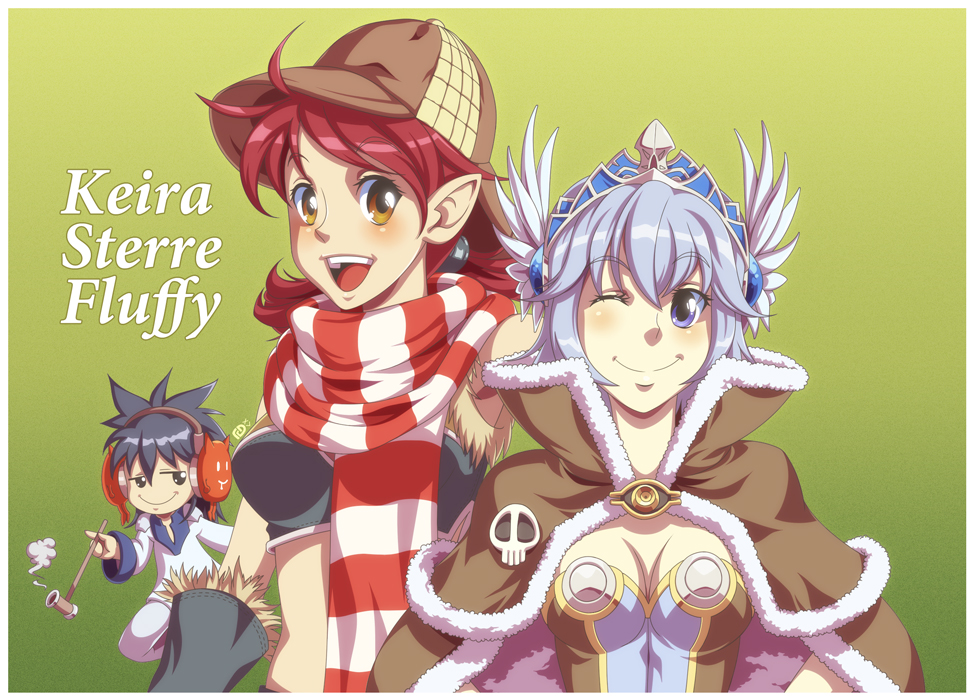 1boy 2girls black_hair blue_dress blue_hair border breasts brown_cape brown_dress brown_eyes brown_hat cape character_name closed_mouth cokeboy commentary deerstalker dress english_commentary fur-trimmed_cape fur-trimmed_shirt fur_gloves fur_trim gloves green_background grey_gloves hat headphones high_wizard_(ragnarok_online) holding holding_smoking_pipe kiseru looking_at_viewer medium_breasts midriff multiple_girls one_eye_closed open_mouth pointy_ears purple_eyes ragnarok_online red_scarf scarf shirt smile smoking_pipe sniper_(ragnarok_online) soul_linker_(ragnarok_online) strapless strapless_dress striped_clothes striped_scarf teeth two-tone_dress upper_body upper_teeth_only white_border white_scarf white_shirt