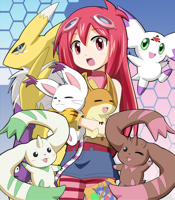 culumon digimon digimon_(creature) digimon_story:_lost_evolution goggles goggles_on_head happy kizuna_(digimon) long_hair lopmon open_mouth patamon renamon smile tailmon terriermon