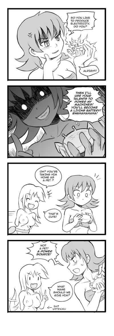 4koma anna_(karbo) bra casual_nudity comic crab crisis electricity felarya karbo lamia long_hair monster_girl nipples nude short_hair underwear