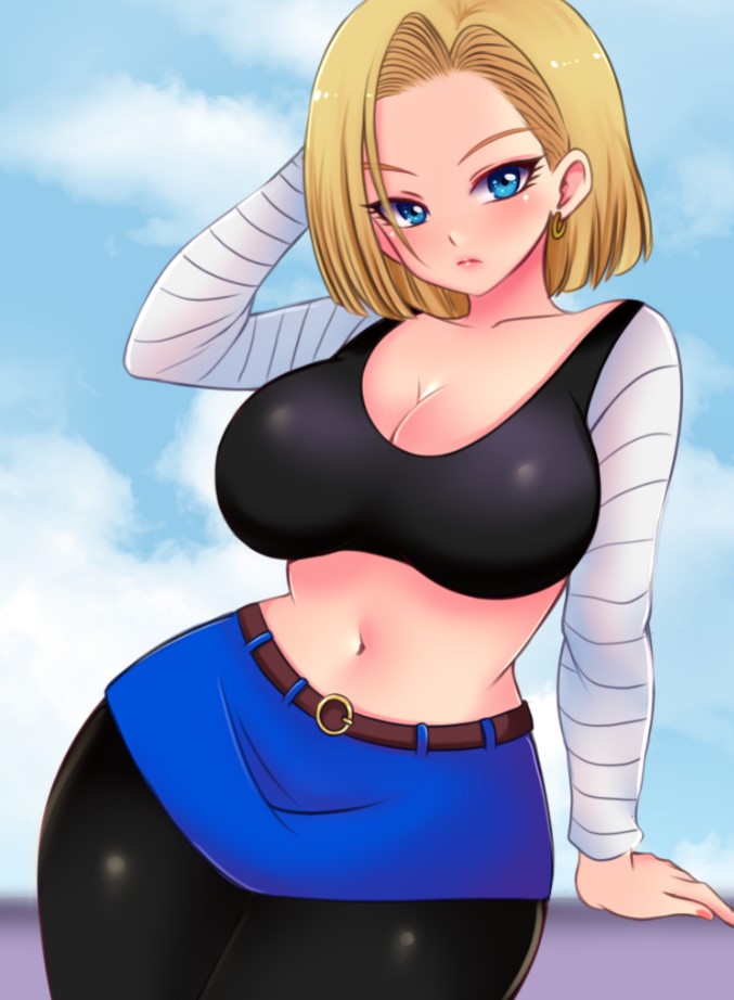 1girl android android_18 arm_behind_head arm_support arm_up belt black_pantyhose black_shirt blonde_hair blue_eyes blue_skirt blush breasts brown_belt cleavage cloud collarbone dragon_ball dragonball_z earrings hoop_earrings jewelry large_breasts long_sleeves looking_at_viewer midriff navel pantyhose robot shirt short_hair skirt sky standing sugarbell wide_hips