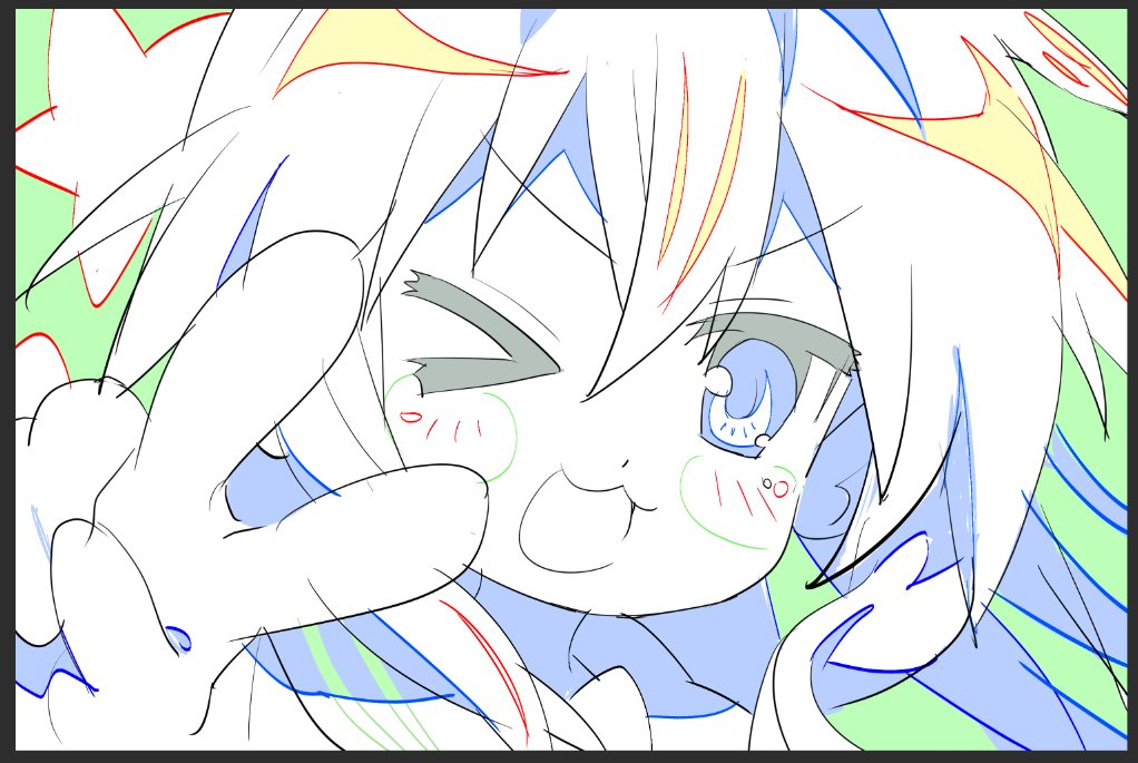 1girl :3 animation_paper blush color_trace hashtag-only_commentary izumi_konata jisil38 long_hair looking_at_viewer lucky_star mole mole_under_eye one_eye_closed open_mouth ryouou_school_uniform sailor_collar school_uniform serafuku star_(symbol) unfinished v