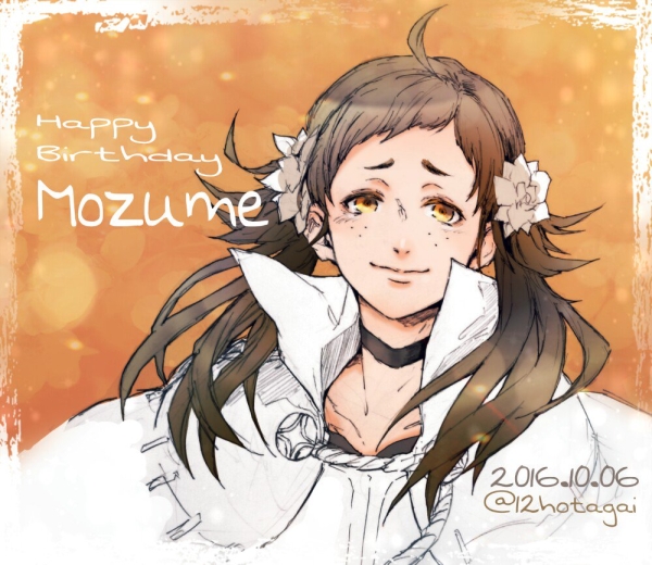 1girl ahoge black_choker brown_eyes brown_hair character_name choker closed_mouth dated fire_emblem fire_emblem_fates flower freckles hair_flower hair_ornament happy_birthday hotate_rayan mozu_(fire_emblem) nintendo solo twitter_username white_flower