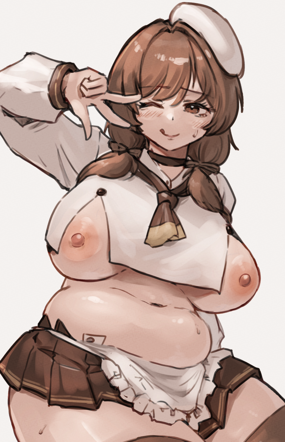 1girl apron belly bready_(nikke) breasts brown_eyes brown_hair brown_skirt goddess_of_victory:_nikke highres large_breasts long_sleeves low_twintails navel niceratus_kiotensis nipples plump shirt skirt solo thick_thighs thighs twintails white_apron white_background white_shirt