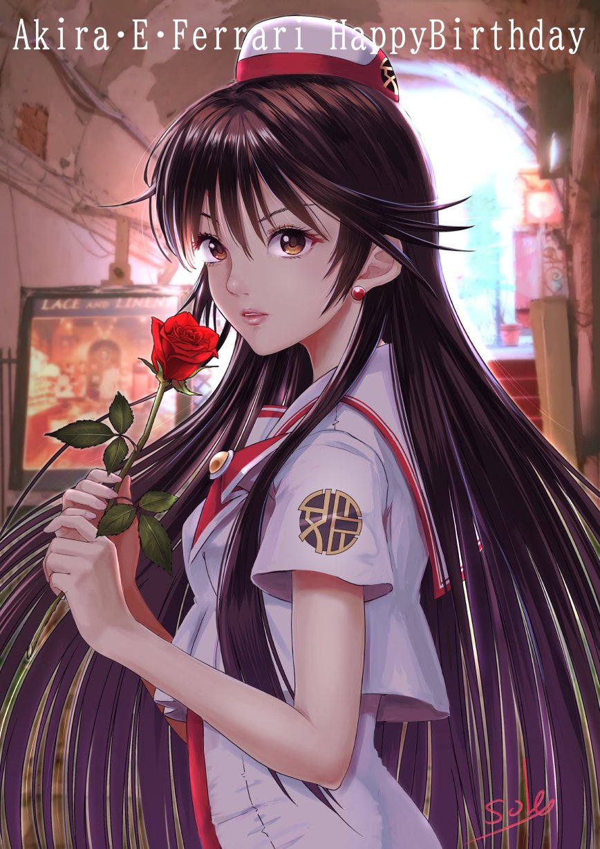 1girl akira_ferrari aria_(manga) blurry bow bowtie brown_eyes brown_hair character_name commentary_request depth_of_field dress earrings flower hair_between_eyes hands_up happy_birthday highres himeya_company_uniform holding holding_flower jewelry long_hair looking_at_viewer own_hands_together red_bow red_bowtie red_headwear rose sailor_collar short_sleeves sidelocks signature solo telaform two-tone_headwear upper_body very_long_hair white_dress white_headwear