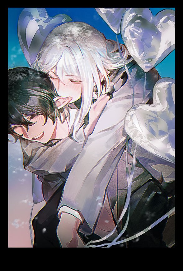 2boys arm_around_neck aymeric_de_borel balloon biting biting_ear black_border black_hair black_pants blush border carrying chinese_commentary closed_eyes closed_mouth commentary_request crossed_bangs elezen elf estinien_varlineau final_fantasy final_fantasy_xiv hair_between_eyes hangleing heart_balloon layered_sleeves long_hair long_sleeves male_focus multiple_boys open_mouth pants piggyback pointy_ears short_hair teeth upper_teeth_only white_hair yaoi