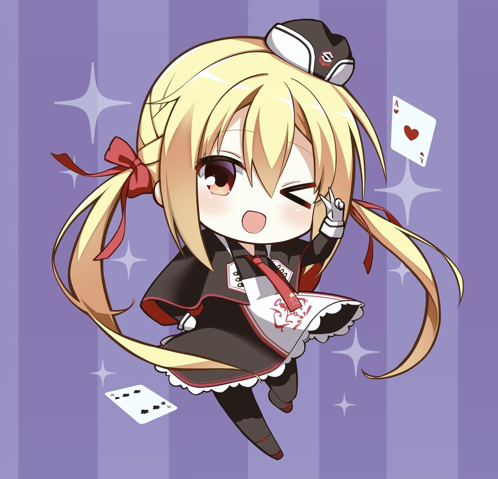 &gt;_o 1girl :d ace_(playing_card) ace_of_hearts arihara_nanami black_capelet black_dress black_hat black_pantyhose blonde_hair blush bow capelet card chibi chibi_only commentary dress four_of_clubs frilled_dress frills garrison_cap gloves hair_between_eyes hair_bow hair_ribbon hand_on_own_hip hand_up happy hat heart long_hair looking_at_viewer low_twintails maple_0126 necktie one_eye_closed open_mouth pantyhose playing_card purple_background red_bow red_necktie red_ribbon ribbon riddle_joker simple_background smile solo sparkle standing standing_on_one_leg twintails v very_long_hair white_gloves