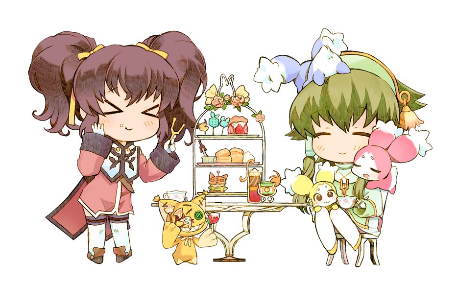 &gt;_&lt; 1boy 1girl anise_tatlin black_hair boots brown_eyes cheagle chibi closed_eyes closed_mouth commentary_request creature dress eating food food_on_face fork full_body gloves green_eyes green_hair green_hairband green_robe hair_ribbon hairband holding holding_fork holding_plate ion_(tales) light_blush long_hair long_sleeves mada_nemu_i on_chair pink_dress plate ribbon robe short_hair_with_long_locks sidelocks sitting smile standing stuffed_toy table tales_of_(series) tales_of_the_abyss thigh_boots tokunaga_(tales) twintails white_background white_footwear white_gloves yellow_ribbon