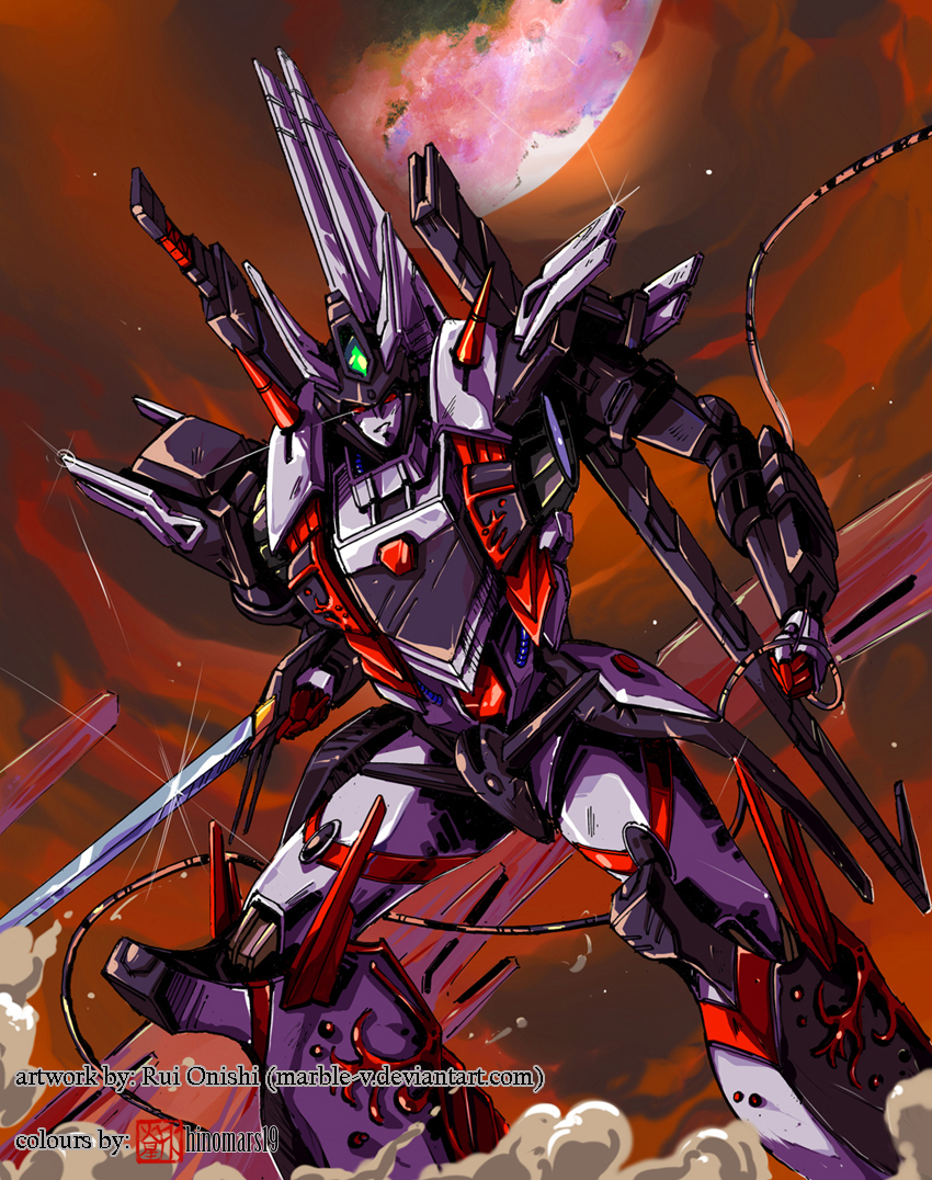 1980s_(style) 1girl artist_collaboration artist_name autobot clenched_hand commentary commission elita_one english_commentary hinomars19 holding holding_sword holding_weapon looking_at_viewer marble-v mecha moon no_humans oldschool parted_lips red_eyes retro_artstyle robot science_fiction solo standing sword transformers transformers_shattered_glass weapon