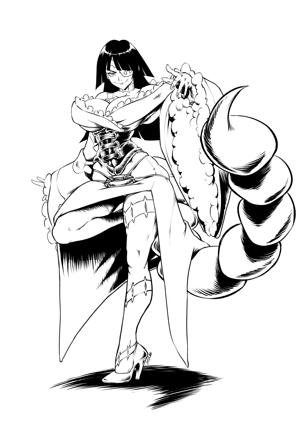 00s 1girl adiane bare_shoulders breasts cleavage corset damien_dozias dress eyepatch female_focus greyscale high_heels highres large_breasts long_hair monochrome scorpion_tail smile solo tail tattoo tengen_toppa_gurren_lagann