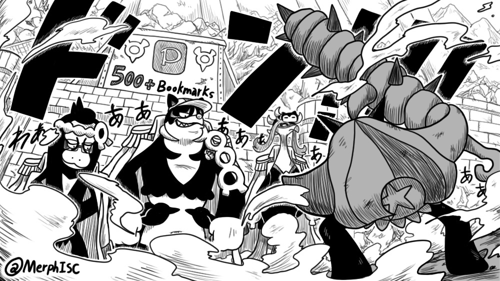1girl 3boys :3 borsalino_(kizaru) borsalino_(kizaru)_(cosplay) club club_(weapon) cosplay crossed_arms dust fezandipiti gen_9_pokemon grin hat holding holding_weapon horns isc kanabou kuzan_(aokiji) kuzan_(aokiji)_(cosplay) legendary_pokemon looking_at_another military_uniform monochrome multiple_boys munkidori nintendo oda_eiichirou_(style) ogerpon okidogi one_piece parody pokemon pokemon_(creature) sakazuki_(akainu) sharp_teeth sitting smile style_parody sunglasses teeth trait_connection weapon