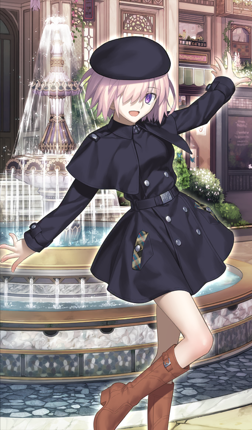 1girl artist_collaboration belt beret black_belt black_capelet black_dress black_hat boots breasts brown_boots building buttons capelet commentary day dress fate/grand_order fate_(series) foot_out_of_frame fountain hair_over_one_eye hat koyama_hirokazu leg_up long_sleeves looking_at_viewer mash_kyrielight mash_kyrielight_(traveling_outfit) medium_breasts official_art open_mouth outdoors outstretched_arms pink_hair purple_eyes shima_udon short_dress short_hair smile solo standing sunlight takeuchi_takashi third-party_source water