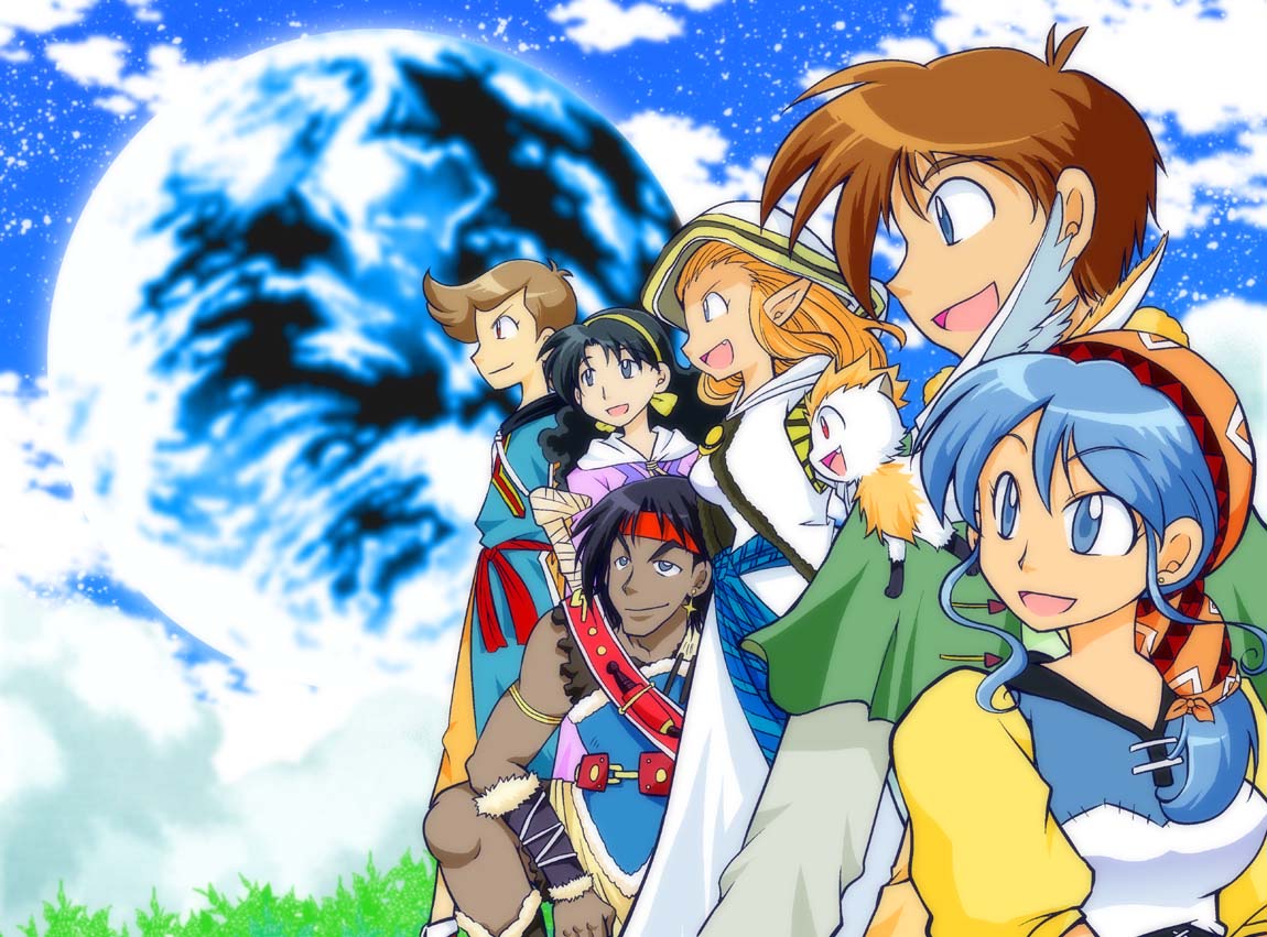 1990s_(style) 3boys 3girls alex_noah bad_id bad_pixiv_id bandana bird blue_eyes blue_hair dress hair_over_shoulder headband jessica_de_alkirk kyle_(lunar) luna_noah lunar lunar:_the_silver_star markings mia_ausa multiple_boys multiple_girls nall_(lunar) nash_rumack pointy_ears ponytail retro_artstyle sword weapon