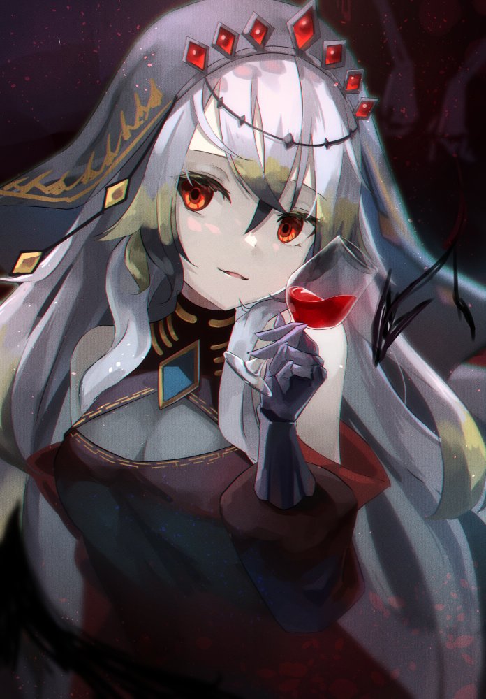 1girl armored_gloves black_tiara black_veil blazing_cartesia_the_virtuous breasts cleavage cup dress drinking_glass duel_monster ecclesia_(yu-gi-oh!) hair_between_eyes holding holding_cup large_breasts long_hair open_mouth red_dress red_eyes smile solo tiara unagishirou veil white_hair wine_glass yu-gi-oh!