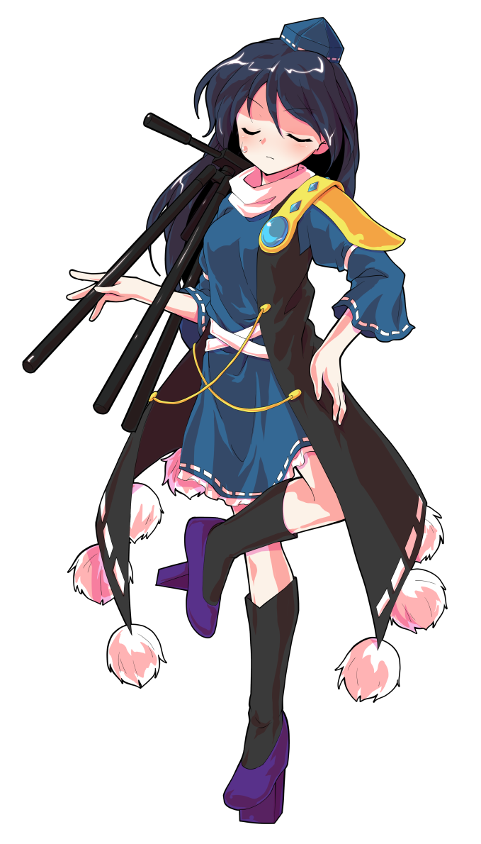1girl alphes_(style) black_socks blue_dress blue_hair blue_shoes blush coat commentary_request dairi dress frilled_dress frills full_body gem geta hat holding holding_tripod iizunamaru_megumu kneehighs large_variant_set long_hair parody pointy_ears pom_pom_(clothes) purple_sandals ribbon_trim sandals shoes shoulder_guard sleeveless sleeveless_coat socks solo standing style_parody tachi-e tengu tengu-geta tokin_hat touhou transparent_background tripod variant_set