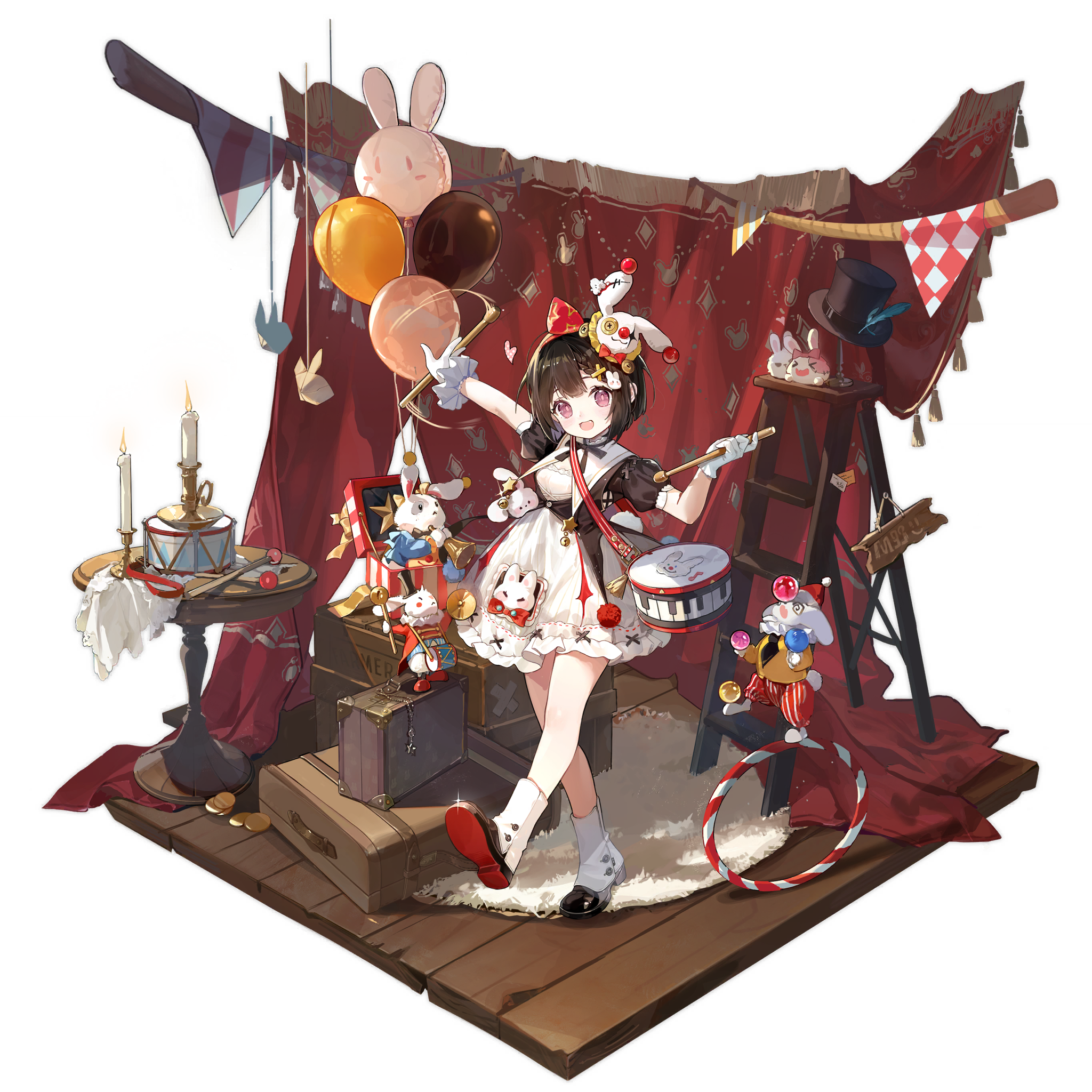 >_< 1girl @_@ animal_hat balancing balloon black_dress black_shoes blush candle candlestand character_name coin colored_shoe_soles crate curtains cymbals diamond_(shape) dress dress_shoes drum drumsticks full_body girls'_frontline gloves hair_ornament hairband hat hat_feather heart highres holding holding_drumsticks hoop instrument jack-in-the-box juggling ladder m99_(drumrolls_when_the_curtain_rises)_(girls'_frontline) m99_(girls'_frontline) official_alternate_costume official_art origami outstretched_arm piano_print puffy_short_sleeves puffy_sleeves purple_eyes rabbit rabbit_balloon rabbit_hair_ornament rabbit_hat rabbit_symbol red_hairband rope rug saru shoe_soles shoes short_hair short_sleeves sign simple_background solo spinning standing standing_on_one_leg star_(symbol) stepladder suitcase table third-party_source top_hat transparent_background trumpet unworn_hat unworn_headwear white_dress white_gloves wooden_floor x_hair_ornament