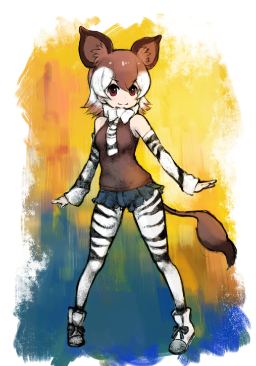 1girl animal_ears animal_print bow bowtie brown_eyes brown_hair closed_mouth elbow_gloves extra_ears gloves ise_(0425) kemono_friends looking_at_viewer multicolored_hair necktie okapi_(kemono_friends) okapi_ears okapi_tail pantyhose shirt shoes short_hair shorts simple_background sleeveless sleeveless_shirt solo tail two-tone_hair white_hair zebra_print