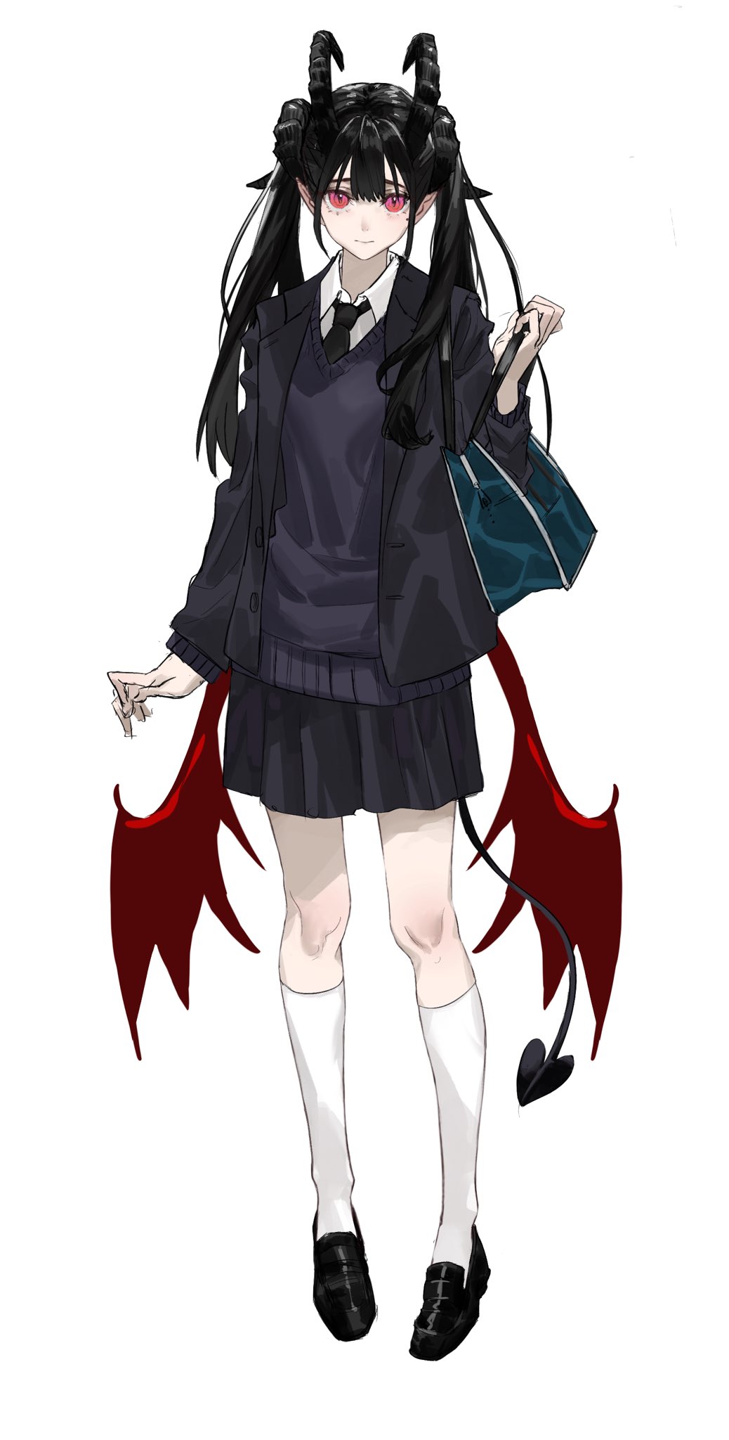 1girl arm_at_side bag black_hair black_jacket black_necktie black_shoes black_skirt blazer buttons center-flap_bangs closed_mouth collared_shirt demon_girl demon_horns demon_tail demon_wings full_body hair_over_shoulder hand_up highres holding holding_bag horns jacket jewelry kneehighs knees lapels layered_sleeves legs_apart loafers long_bangs long_hair long_sleeves looking_at_viewer low_wings miniskirt multiple_horns necktie open_clothes open_jacket original pink_eyes pleated_skirt pointy_ears red_wings sawatani_(_swt2) school_bag school_uniform shirt shoes shoulder_bag sidelocks simple_background skirt slit_pupils socks solo standing sweater tail twintails v-neck white_background white_shirt wings