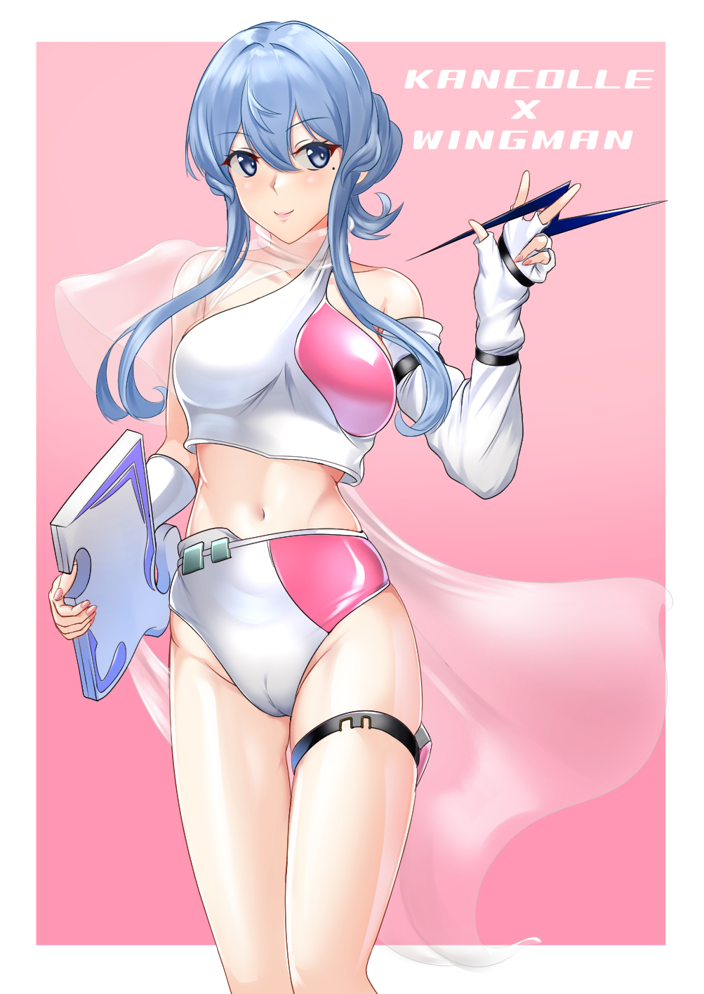 1girl asymmetrical_sleeves blue_eyes blue_hair breasts cameltoe cosplay crop_top detached_sleeves gotland_(kancolle) hair_between_eyes hair_bun highres holding holding_wand kantai_collection large_breasts midriff mole mole_under_eye navel sidelocks single_hair_bun smile solo strapless tube_top wand wata_nuki white_sleeves wingman yume_aoi yume_aoi_(cosplay)