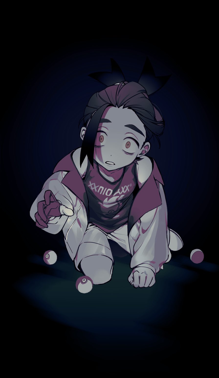 1boy gloves highres ieiieiiei jacket kieran_(pokemon) long_sleeves looking_at_viewer male_focus multicolored_hair nintendo open_clothes open_jacket parted_lips partially_fingerless_gloves poke_ball pokemon pokemon_sv reaching shorts simple_background single_glove sitting solo tank_top wide-eyed