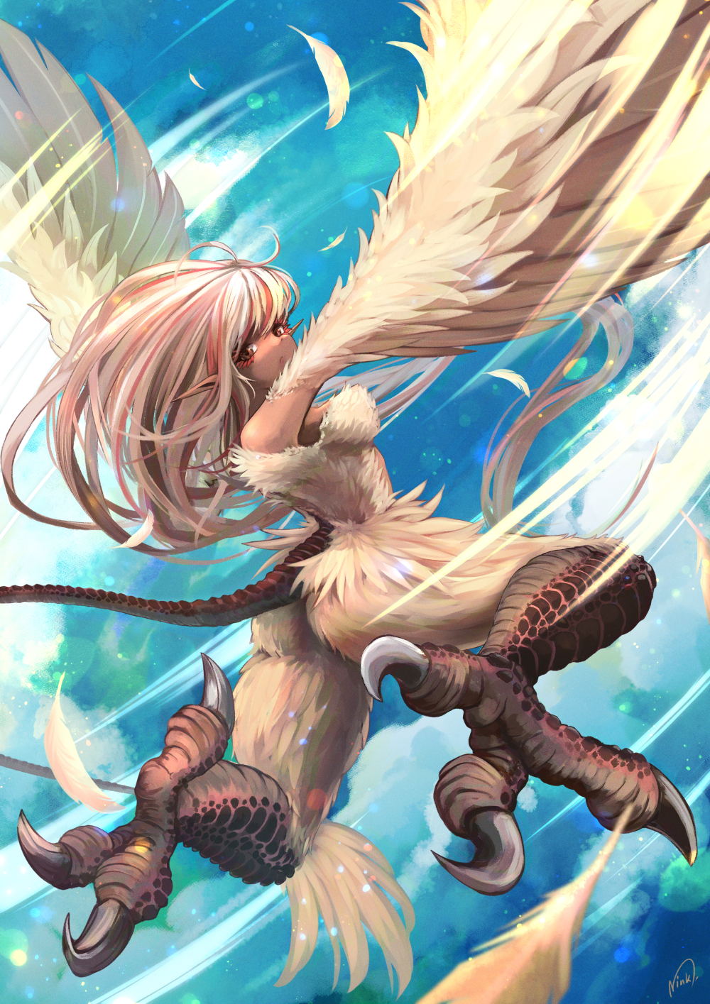 1girl ass bare_shoulders bird_legs breasts brown_eyes brown_feathers brown_wings feathered_wings feathers harpy highres long_hair looking_at_viewer looking_back medium_breasts minksama monster_girl original partially_feathered_tail pointy_ears scales solo talons winged_arms wings