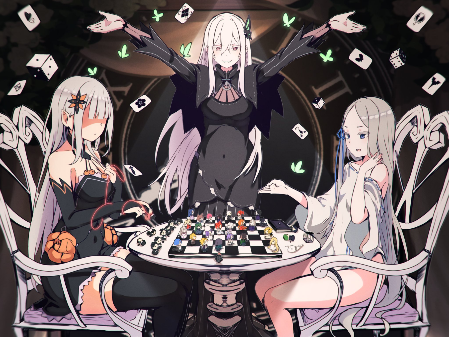 3girls anastasia_hoshin bare_legs bare_shoulders beatrice_(re:zero) black_dress blue_ribbon blunt_bangs board_game butterfly_hair_ornament capella_emerada_lugnica card chair chess chess_piece colored_eyelashes crusch_karsten dice dress echidna_(re:zero) elf emilia_(re:zero) evil_smile felix_argyle felt_(re:zero) flower garfiel_tinsel hair_ornament hand_in_own_hair hands_up highres julius_juukulius light_blush light_rays long_hair louis_arneb multiple_girls natsuki_subaru open_mouth orange_flower pandora_(re:zero) petelgeuse_romaneeconti pointy_ears priscilla_barielle ram_(re:zero) re:zero_kara_hajimeru_isekai_seikatsu regulus_corneas reinhard_van_astrea rem_(re:zero) ribbon roswaal_l._mathers satella_(re:zero) short_dress sirius_(re:zero) sitting smile standing string table tight_clothes white_dress white_eyelashes zerobarto