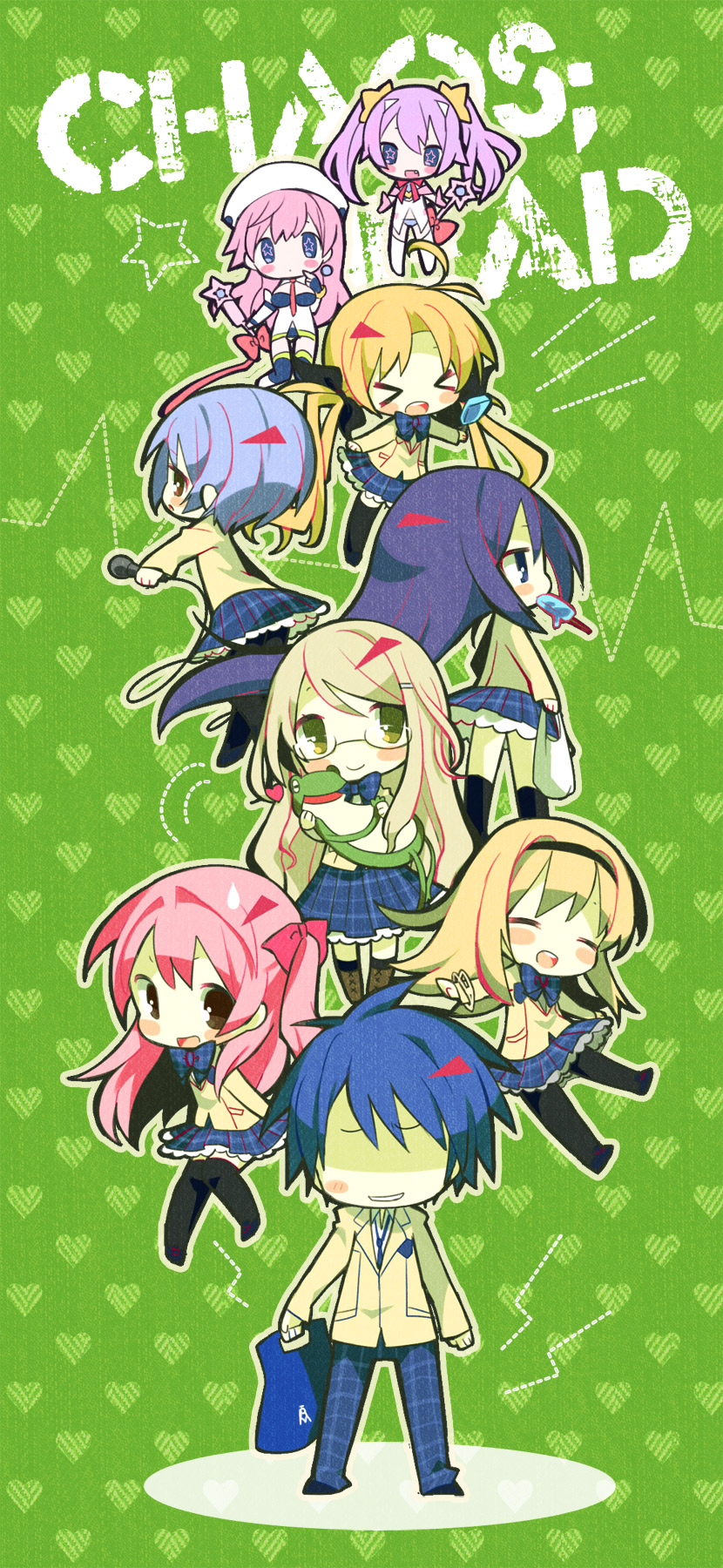 &gt;_&lt; 00s 1boy 6+girls aoi_sena bag blazer blonde_hair blue_eyes blue_hair blue_skirt blush_stickers bow bowtie brown_eyes chaos;head closed_eyes copyright_name earrings erin-fray_orgel fang finger_to_mouth food frilled_skirt frills frog gero_kaerun glasses hair_ornament hair_ribbon hairband hairpin heart heart_background highres jacket jewelry kishimoto_ayase kneehighs kusunoki_yua magical_girl mamimu_(ma-mi-mu.me) microphone multiple_girls necktie nishijou_nanami nishijou_takumi no_eyes orihara_kozue outline pantyhose parted_bangs pink_hair pleated_skirt popsicle ribbon sakihata_rimi seira_orgel shopping_bag silver_hair skirt socks star-shaped_pupils star_(symbol) star_hair_ornament stuffed_animal stuffed_toy swept_bangs symbol-shaped_pupils thighhighs twintails wand white_outline