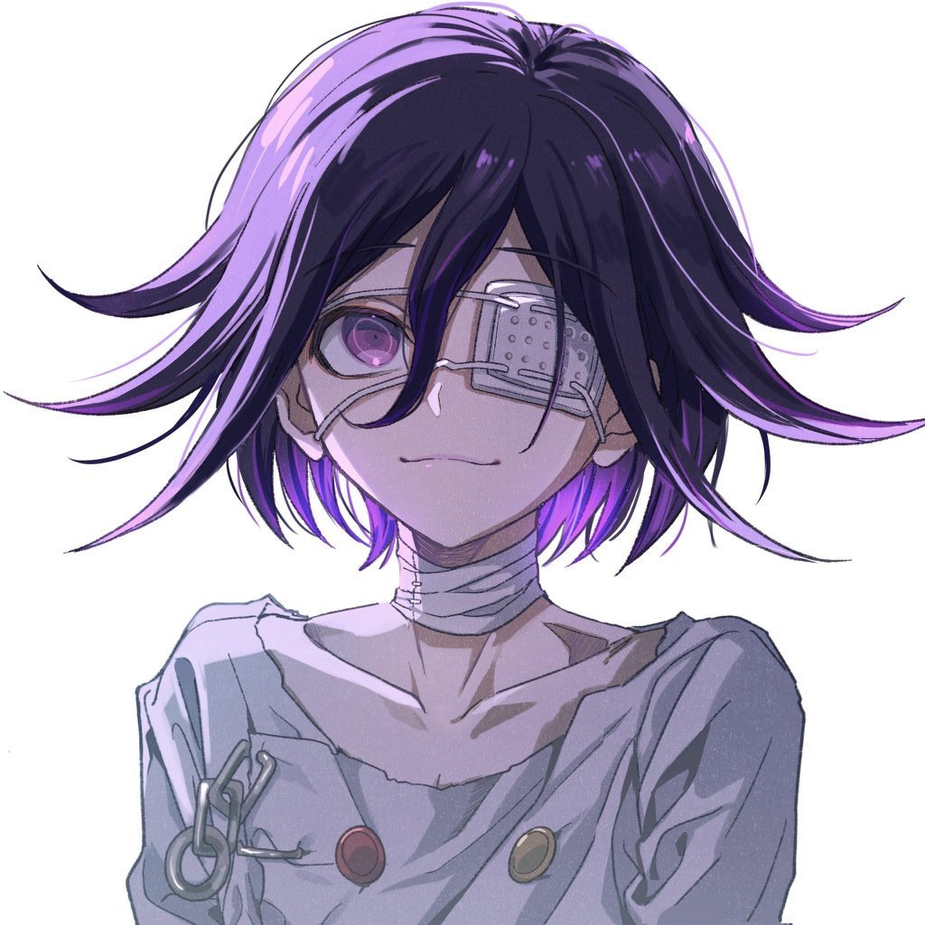 1boy black_hair buttons closed_mouth collarbone danganronpa_(series) danganronpa_v3:_killing_harmony double-breasted eyepatch grey_jacket hair_between_eyes jacket looking_at_viewer medium_hair multicolored_hair no_neckwear oma_kokichi pink_eyes portrait purple_hair setubigo simple_background smile solo two-tone_hair white_background