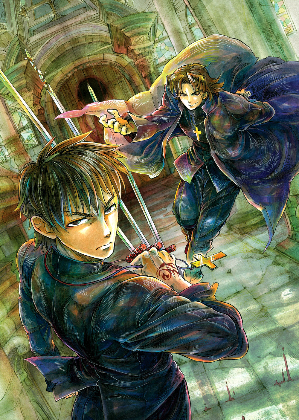 2boys aged_down between_fingers black_keys_(type-moon) brown_eyes brown_hair cassock command_spell cross cross_necklace dual_persona fate/stay_night fate/zero fate_(series) highres holding jewelry kotomine_kirei male_focus mullet multiple_boys necklace ousaka_tama priest time_paradox