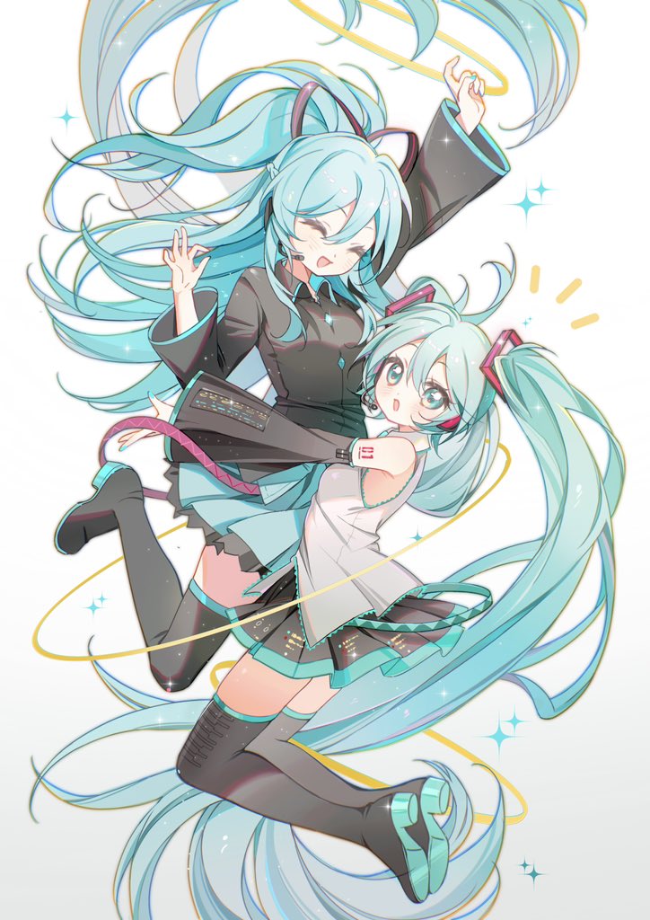 2girls :d :o black_footwear black_shirt black_skirt black_sleeves blue_eyes blue_hair blue_skirt blue_trim boots closed_eyes collared_shirt commentary detached_sleeves full_body gutou hair_between_eyes hair_ornament hair_ribbon hatsune_miku hatsune_miku_(if) jumping long_hair long_sleeves looking_at_viewer looking_to_the_side miku_day miniskirt multiple_girls number_tattoo open_mouth outstretched_arms plaid_clothes plaid_skirt ponytail ribbon shirt sidelocks skirt sleeveless sleeveless_shirt smile star_(symbol) symbol-only_commentary tattoo thigh_boots twintails very_long_hair vocaloid white_background white_shirt wide_sleeves