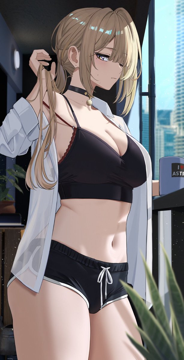 1girl black_choker black_shorts blonde_hair blurry blurry_foreground breasts choker cleavage cup dolphin_shorts evelyn_chevalier gaitoou highres mole mole_under_eye mug navel purple_eyes shorts solo tagme zenless_zone_zero