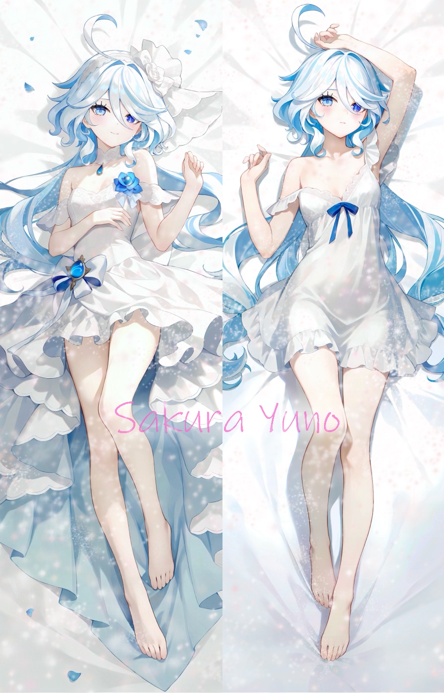 1girl arm_up bare_shoulders barefoot bed_sheet blue_eyes blue_flower blue_hair blush bow breasts closed_mouth commentary_request dakimakura_(medium) dress drop-shaped_pupils flower furina_(genshin_impact) genshin_impact hair_between_eyes hair_bow hair_flower hair_ornament hand_up heterochromia highres light_smile long_hair looking_at_viewer lying medium_breasts multicolored_hair multiple_views on_back revision single_bare_shoulder single_off_shoulder sleeveless sleeveless_dress strapless strapless_dress streaked_hair symbol-shaped_pupils very_long_hair white_bow white_dress white_flower white_hair yutian_alice