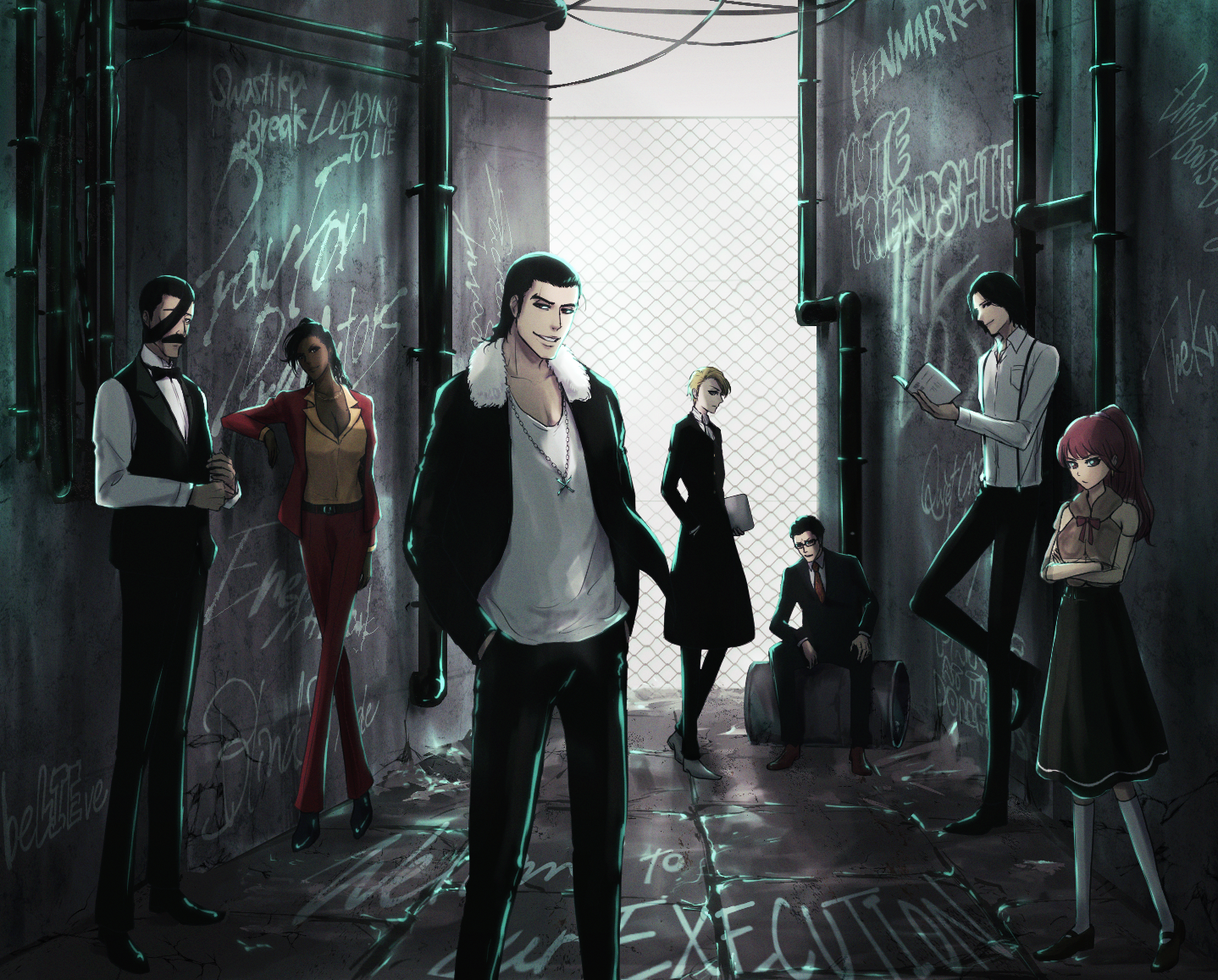 2girls 5boys alley barrel black_bow black_bowtie black_coat black_hair black_vest bleach blonde_hair book bow bowtie breasts chain-link_fence cleavage coat dark-skinned_female dark_skin dokugamine_riruka drum_(container) english_text facial_hair fence formal_clothes fur-trimmed_jacket fur_trim ginjou_kuugo glasses graffiti holding holding_book industrial_pipe jacket jackie_tristan jewelry kneehighs kutsuzawa_giriko long_hair medium_breasts medium_hair multiple_boys multiple_girls mustache navinavinavia necklace necktie one_eye_covered open_book open_clothes open_jacket pant_suit pants pendant pink_hair ponytail shirt shishigawara_moe short_hair sitting skirt small_breasts socks standing suit suspenders tsukishima_shuukurou vest white_shirt white_socks yukio_hans_vorarlberna