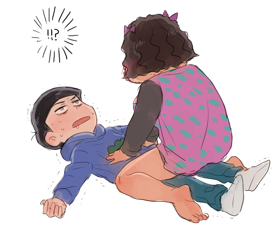 !? 10s 1boy 1girl bad_id bad_twitter_id brown_hair dobusu_(osomatsu-san) fat hood hoodie lying matsuno_karamatsu on_back osomatsu-kun osomatsu-san osomatsu_(series) simple_background sitting sitting_on_person trembling white_background zy_(dondokodo-mu)