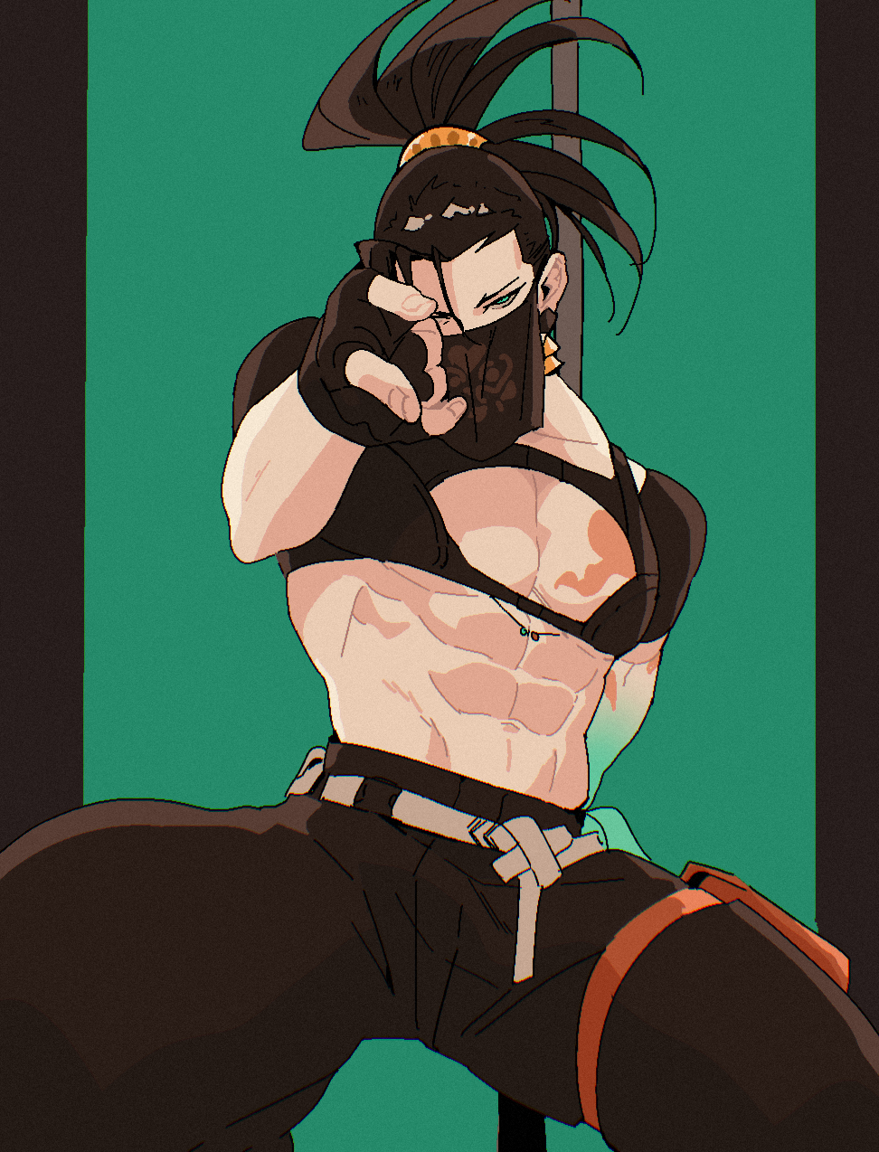1boy abs belt black_hair chest_harness chest_tattoo earrings fingerless_gloves gloves green_background green_eyes harness highres holostars holostars_english jewelry josuiji_shinri looking_at_viewer mouth_veil muscular muscular_male one_eye_closed pillarboxed pointing pointing_at_viewer pole ponytail screetuber solo stripper_pole tattoo veil virtual_youtuber
