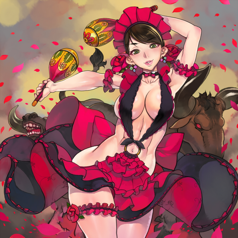 1girl arm_scrunchie arm_up armband bad_id bad_pixiv_id breasts brown_hair bull collarbone earrings f.s. flamenco green_eyes headband instrument jewelry lips looking_at_viewer maracas navel no_panties o-ring open_mouth original petals pursed_lips red_skirt sideboob skirt smile standing thigh_strap