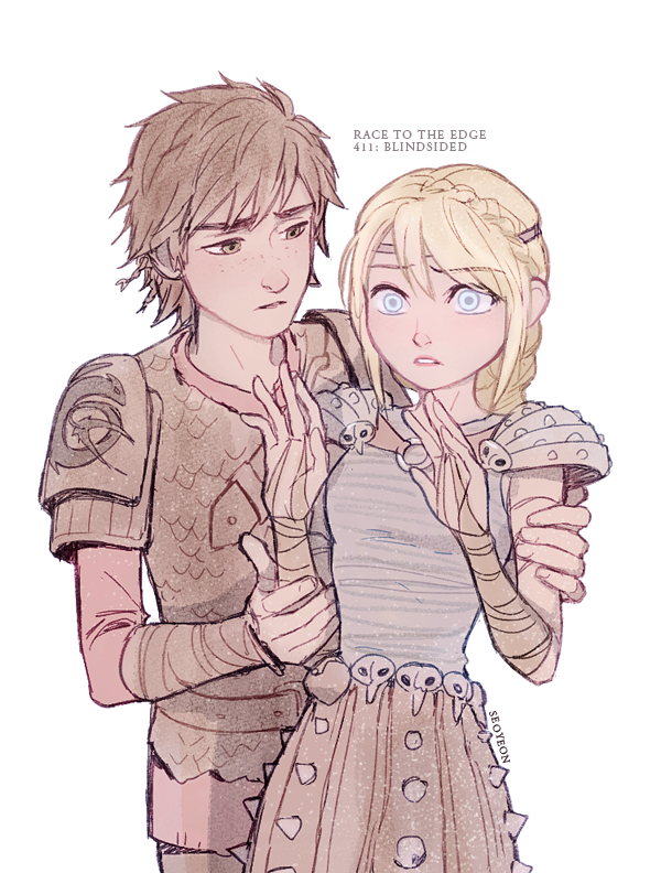 1boy 1girl armor astrid_hofferson blonde_hair blue_eyes brown_hair dragons:_race_to_the_edge english_text episode_title green_eyes hiccup_horrendous_haddock_iii how_to_train_your_dragon_(series) how_to_train_your_dragon_1 leather_armor long_hair pauldrons seoyeon shirt short_hair shoulder_armor simple_background sleeveless sleeveless_shirt white_background