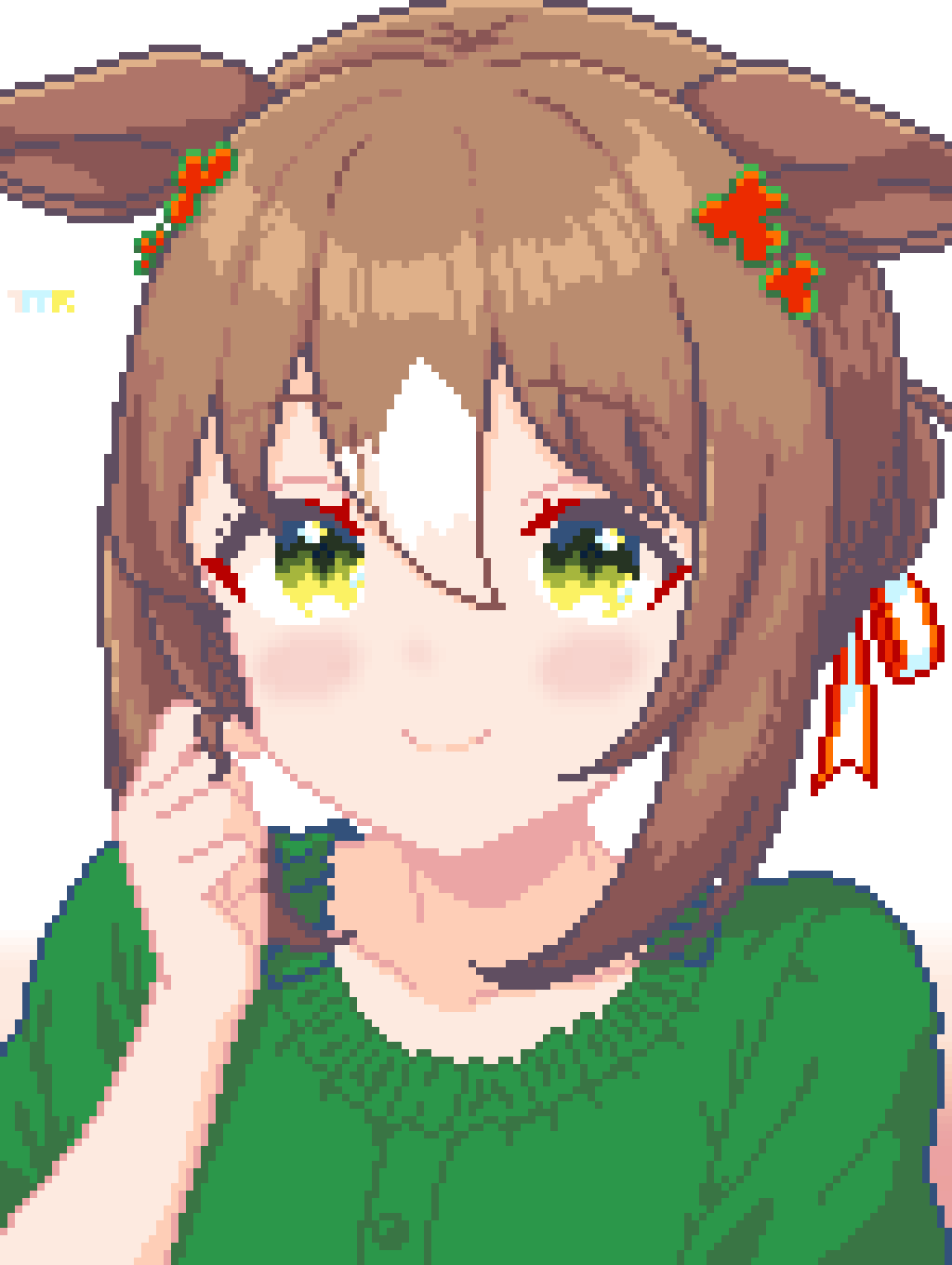 1girl animal_ears brown_hair clenched_hand cropped_torso fine_motion_(umamusume) green_eyes green_sweater highres horse_ears horse_girl looking_at_viewer pixel_art smile solo sweater tomoruka_mr umamusume upper_body