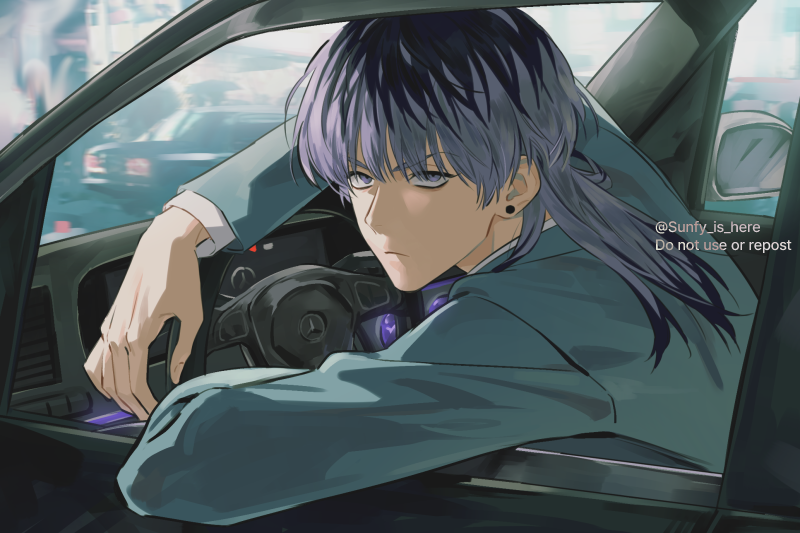 1boy arm_rest car closed_mouth collared_jacket collared_shirt driving ear_piercing expressionless formal_clothes haitani_rindou jacket leaning_forward light_blue_jacket looking_at_viewer male_focus motor_vehicle piercing purple_eyes purple_hair road shirt solo suit tokyo_revengers wolf_cut yoursunfy