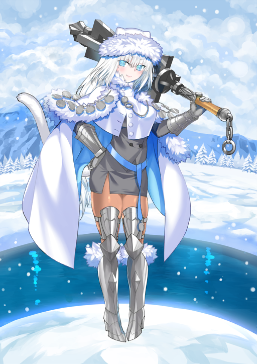 1girl armored_boots blue_eyes blue_sash blush boots breasts buttons cape cat_girl cat_tail closed_mouth cloud dobrynya_nikitich_(fate) dobrynya_nikitich_(first_ascension)_(fate) double-breasted fate/grand_order fate_(series) front_slit full_body fur-trimmed_boots fur-trimmed_cape fur-trimmed_headwear fur_trim game_cg gauntlets grey_skirt grey_vest hand_on_own_hip hand_up hat high_collar high_heel_boots high_heels holding holding_weapon long_hair long_sleeves looking_to_the_side low-tied_long_hair miniskirt official_art orange_pantyhose over_shoulder overcast pantyhose partially_unbuttoned river robina sash sidelocks skirt sky smile snow snowing solo standing tail thigh_armor third-party_source two-sided_cape two-sided_fabric very_long_hair vest waistcoat weapon weapon_over_shoulder white_cape white_hair white_hat white_tail