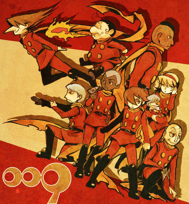 3_3 albert_heinrich baby bald blonde_hair boots breath_weapon breathing_fire brown_eyes brown_hair carrying_baby carrying_person chang_changku coat copyright_name cyborg_009 dark-skinned_male dark_skin energy_gun facial_hair fat fat_man fire flying francoise_arnoul geronimo_jr great_britain_(cyborg_009) grey_hair gun hair_over_one_eye hairband holding holding_gun holding_weapon ivan_whisky jet_link long_nose long_scarf long_sleeves looking_at_viewer military_uniform mustache on_one_knee outstretched_arm pants pointy_nose profile pyunma ray_gun red_coat red_hairband red_pants scarf shimamura_joe short_hair short_male smile smirk squatting very_dark_skin very_short_hair weapon yellow_scarf yoki_(yotosekka)