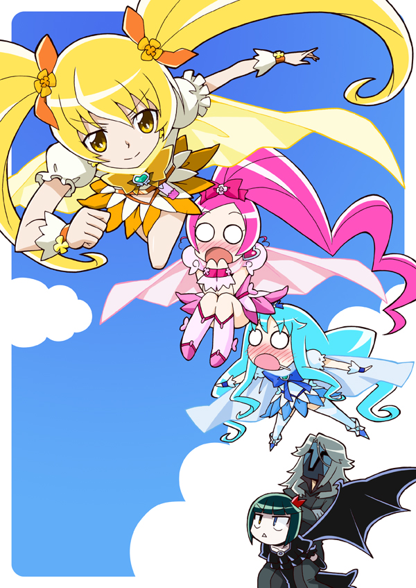 10s 1boy 4girls blonde_hair blue_background blue_hair blue_skirt blush boots bow brooch cure_blossom cure_marine cure_sunshine dark_precure flying hanasaki_tsubomi heart heart_brooch heartcatch_precure! high_ponytail implied_pantyshot jewelry knee_boots kurumi_erika magical_girl multiple_girls myoudouin_itsuki o_o official_style orange_bow orange_skirt peeking pink_bow pink_hair pink_skirt ponytail precure professor_sabaku saliva skirt surprised thighhighs yuuma_(artist) yuuma_(skirthike)