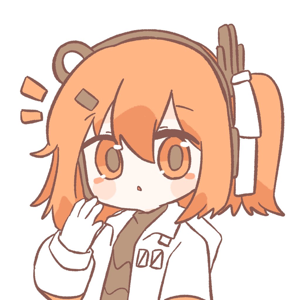 1girl a.i._voice adachi_rei gloves hair_between_eyes hair_ornament hair_ribbon hairclip hand_up headlamp hyouenn jacket long_sleeves looking_at_viewer medium_hair one_side_up open_clothes open_jacket orange_eyes orange_hair parted_lips radio_antenna ribbon simple_background solo upper_body utau white_background white_gloves white_jacket white_ribbon