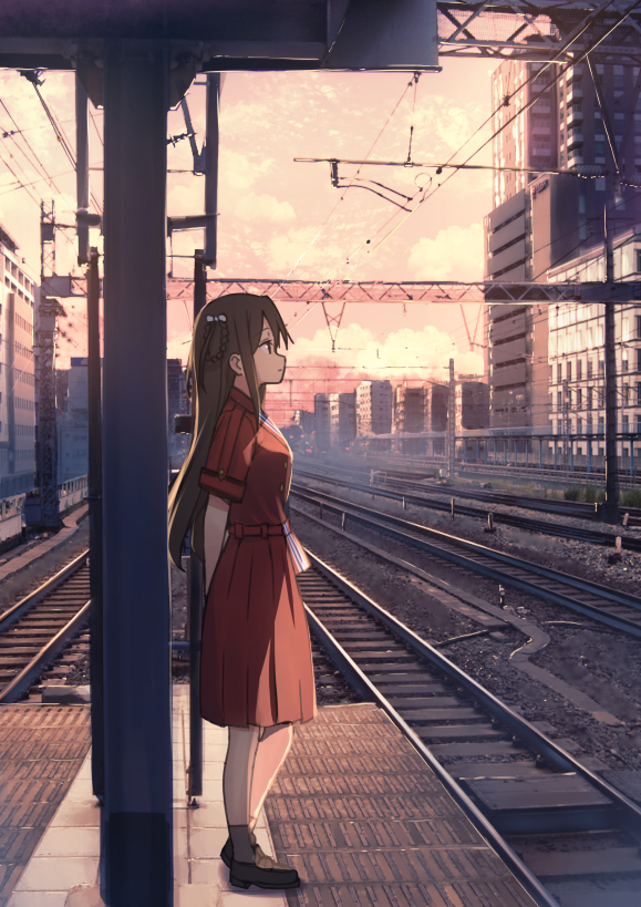 1girl 22/7 akihabara_(tokyo) arms_behind_back brown_hair dress evening female_focus hair_rings long_hair nagareboshi nani_mo_shiteagerarenai outdoors pleated_dress profile red_dress short_sleeves sidelocks socks solo standing tachikawa_ayaka train_station_platform
